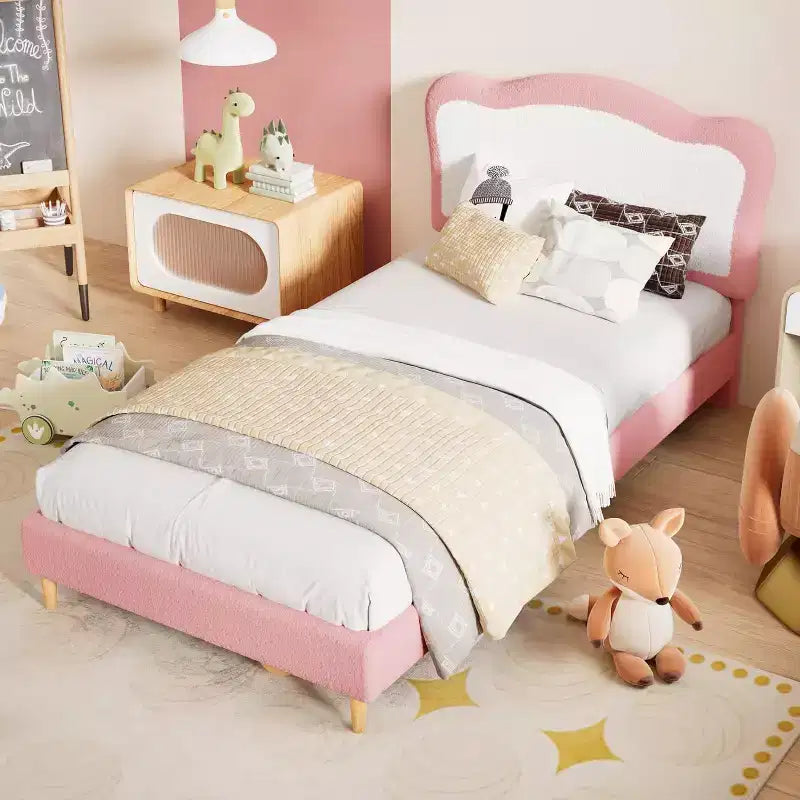 Bed Frames for Kids with Soft headboard, Velvet Low Bed Frame for Girls, Boys, No Box Spring Needed, Wooden Slats, Noise Free, Sturdy, Easy Assembly