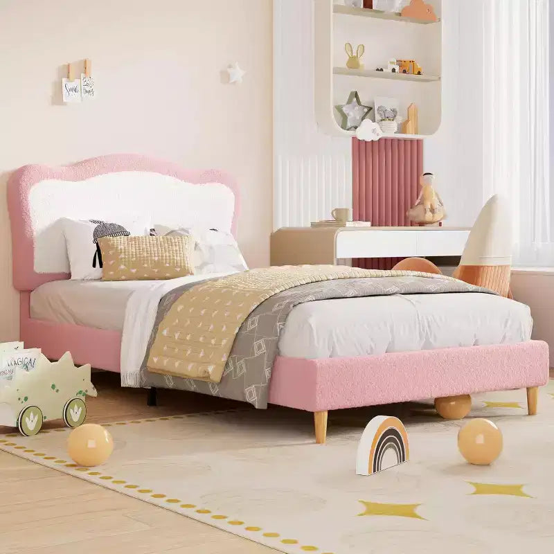 Bed Frames for Kids with Soft headboard, Velvet Low Bed Frame for Girls, Boys, No Box Spring Needed, Wooden Slats, Noise Free, Sturdy, Easy Assembly