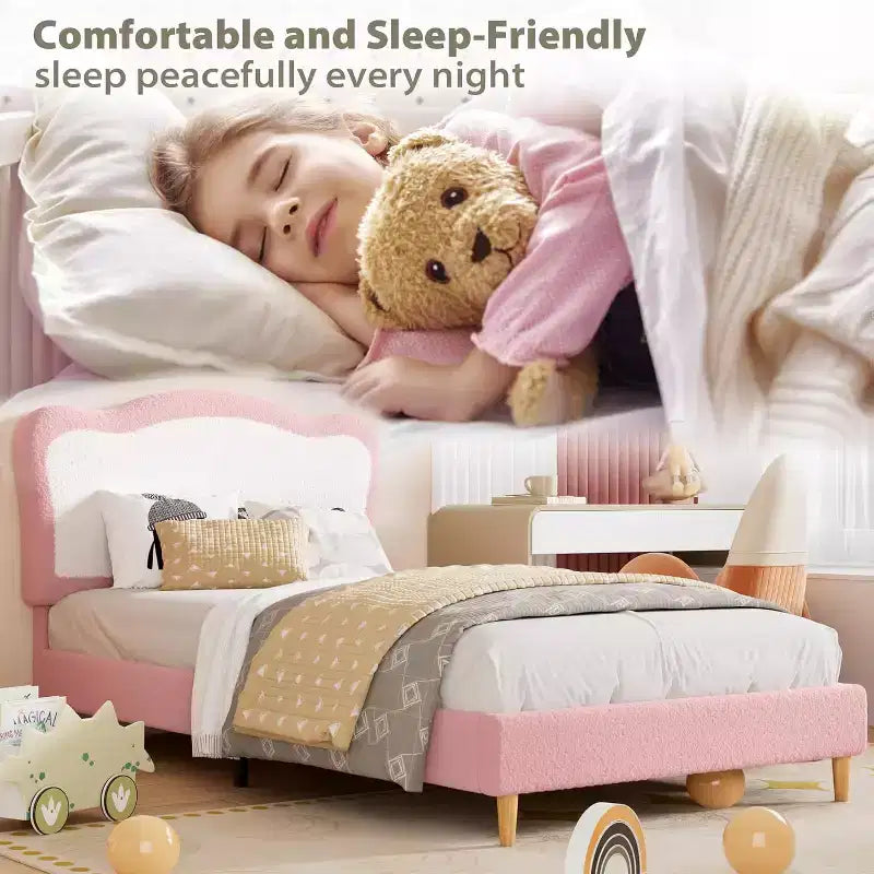 Bed Frames for Kids with Soft headboard, Velvet Low Bed Frame for Girls, Boys, No Box Spring Needed, Wooden Slats, Noise Free, Sturdy, Easy Assembly