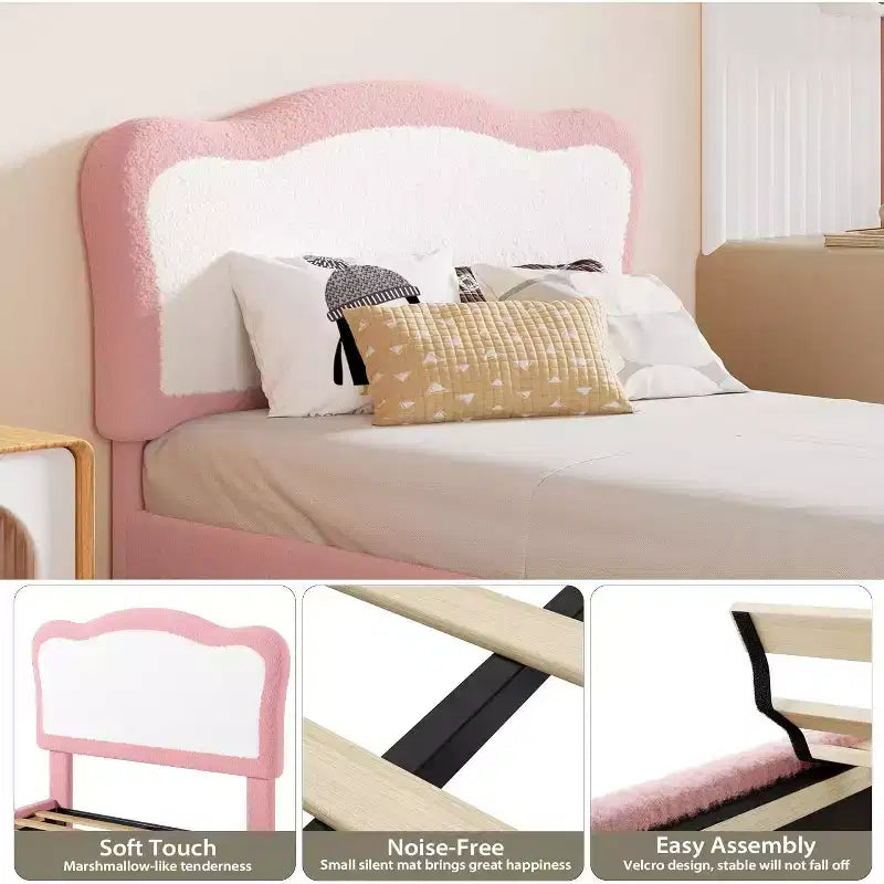 Bed Frames for Kids with Soft headboard, Velvet Low Bed Frame for Girls, Boys, No Box Spring Needed, Wooden Slats, Noise Free, Sturdy, Easy Assembly
