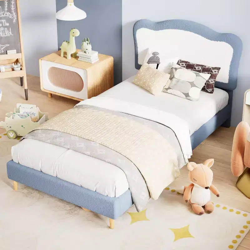 Bed Frames for Kids with Soft headboard, Velvet Low Bed Frame for Girls, Boys, No Box Spring Needed, Wooden Slats, Noise Free, Sturdy, Easy Assembly