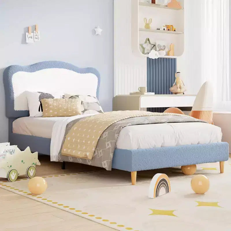 Bed Frames for Kids with Soft headboard, Velvet Low Bed Frame for Girls, Boys, No Box Spring Needed, Wooden Slats, Noise Free, Sturdy, Easy Assembly