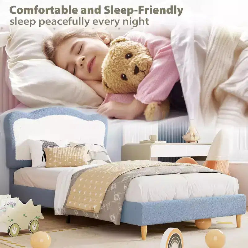 Bed Frames for Kids with Soft headboard, Velvet Low Bed Frame for Girls, Boys, No Box Spring Needed, Wooden Slats, Noise Free, Sturdy, Easy Assembly