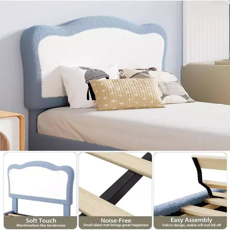 Bed Frames for Kids with Soft headboard, Velvet Low Bed Frame for Girls, Boys, No Box Spring Needed, Wooden Slats, Noise Free, Sturdy, Easy Assembly