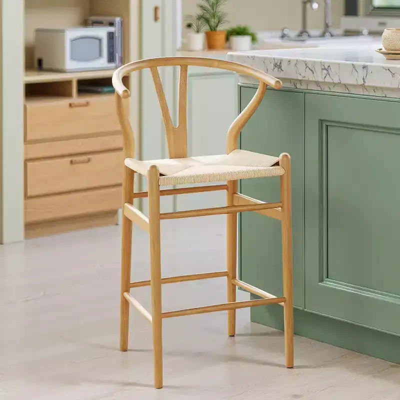 MAYEERTY Natural Fully Assembled Wishbone Weave Bar Stool - Modern & Sturdy for Kitchen Island