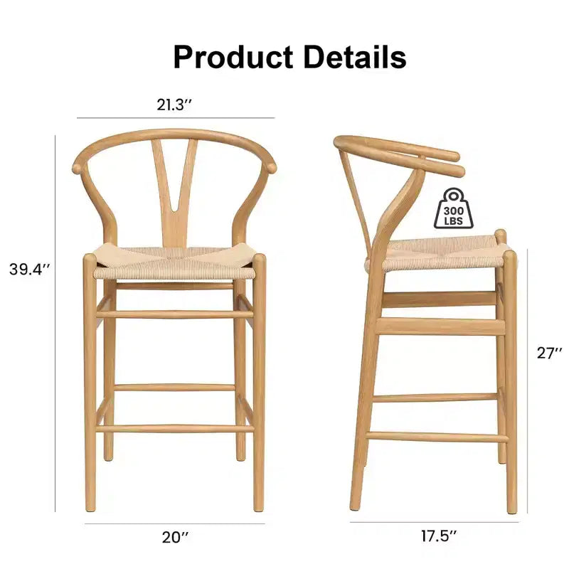 MAYEERTY Natural Fully Assembled Wishbone Weave Bar Stool - Modern & Sturdy for Kitchen Island