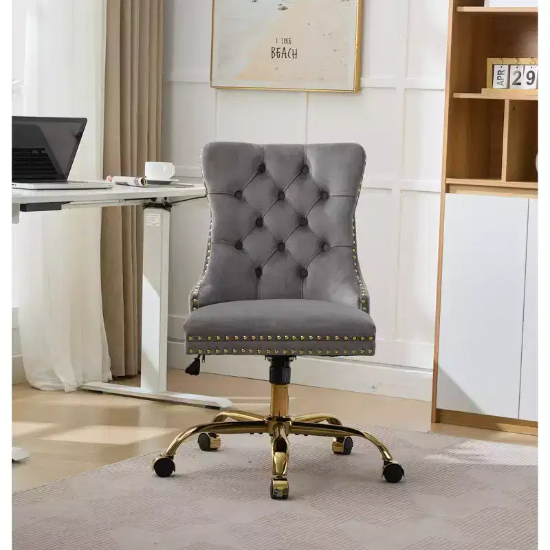 Okak Modern Armless Tufted Button Home Office Desk Chair with Golden Metal Base,Velvet Swivel Task Chair for Office,Study,Studio