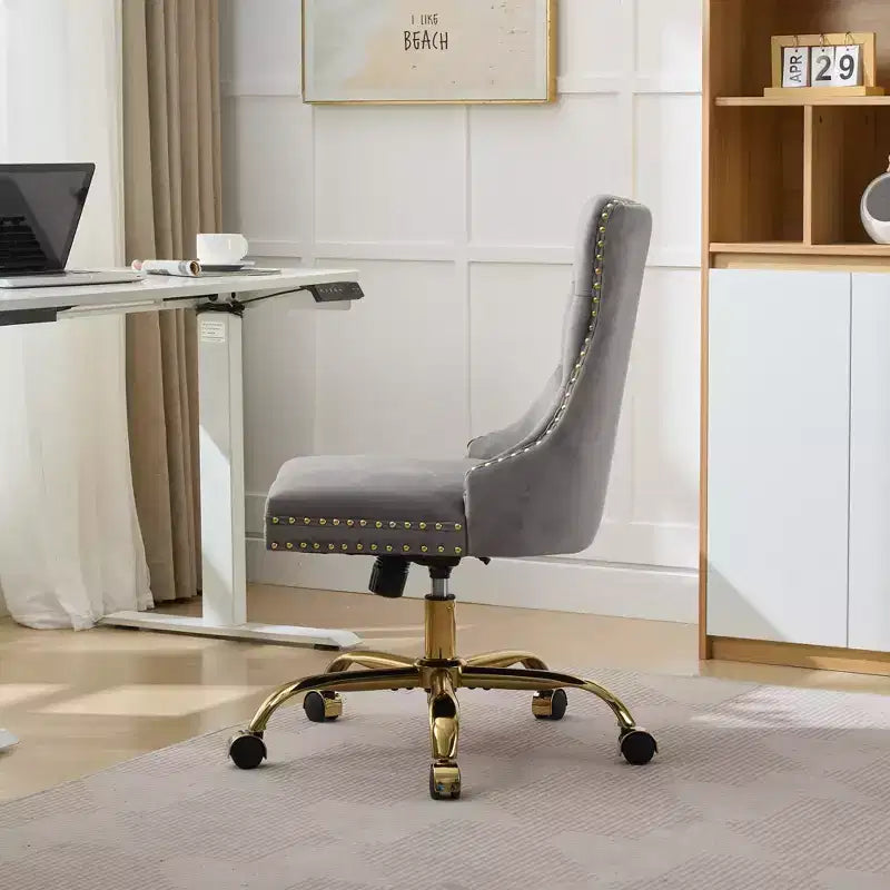 Okak Modern Armless Tufted Button Home Office Desk Chair with Golden Metal Base,Velvet Swivel Task Chair for Office,Study,Studio