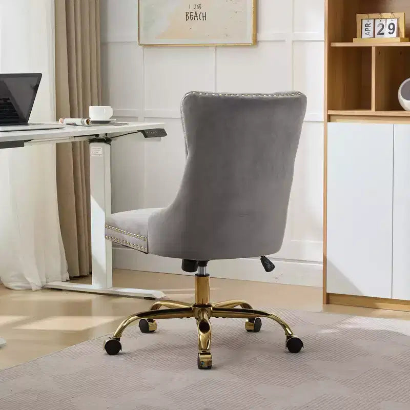 Okak Modern Armless Tufted Button Home Office Desk Chair with Golden Metal Base,Velvet Swivel Task Chair for Office,Study,Studio