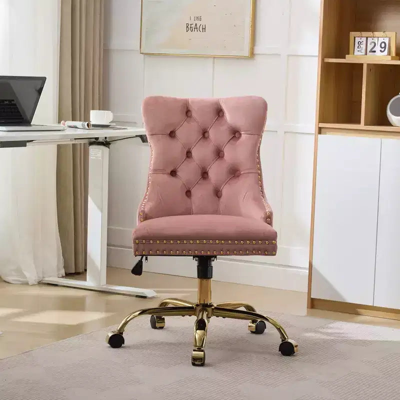 Okak Modern Armless Tufted Button Home Office Desk Chair with Golden Metal Base,Velvet Swivel Task Chair for Office,Study,Studio