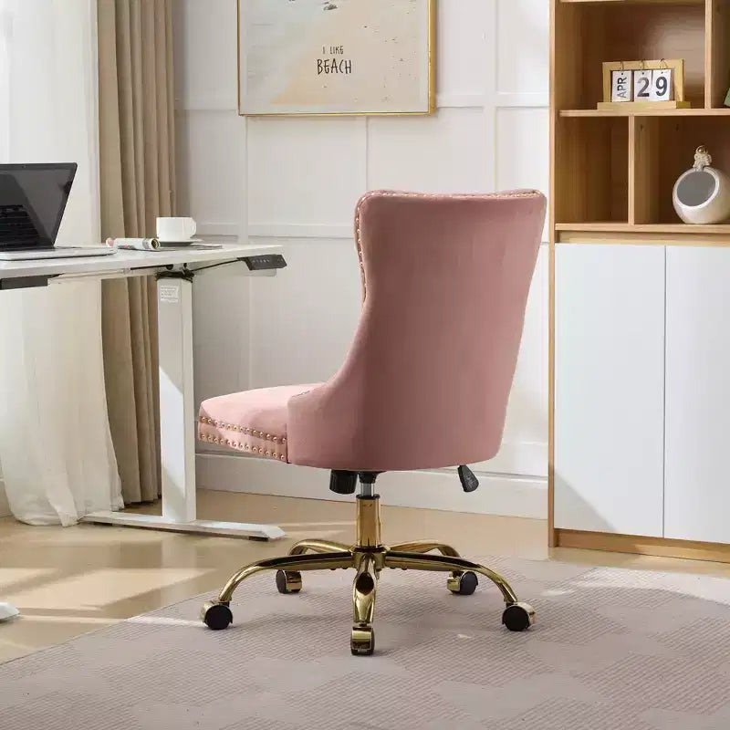 Okak Modern Armless Tufted Button Home Office Desk Chair with Golden Metal Base,Velvet Swivel Task Chair for Office,Study,Studio