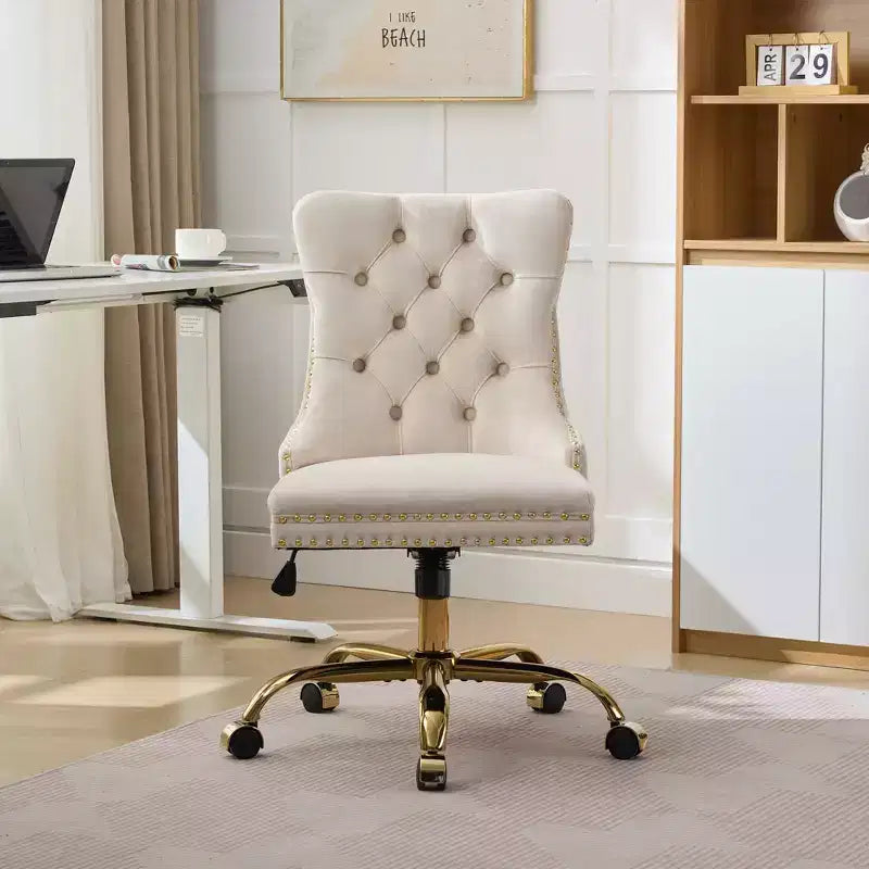 Okak Modern Armless Tufted Button Home Office Desk Chair with Golden Metal Base,Velvet Swivel Task Chair for Office,Study,Studio