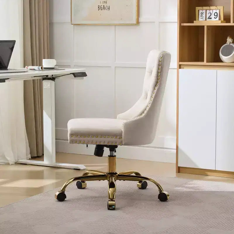 Okak Modern Armless Tufted Button Home Office Desk Chair with Golden Metal Base,Velvet Swivel Task Chair for Office,Study,Studio