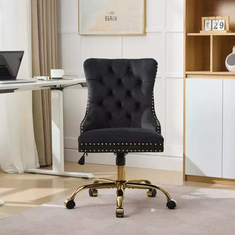 Okak Modern Armless Tufted Button Home Office Desk Chair with Golden Metal Base,Velvet Swivel Task Chair for Office,Study,Studio