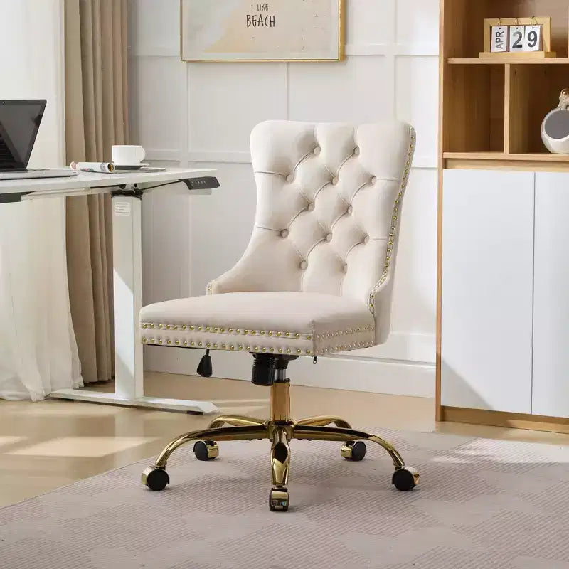 Okak Modern Armless Tufted Button Home Office Desk Chair with Golden Metal Base,Velvet Swivel Task Chair for Office,Study,Studio
