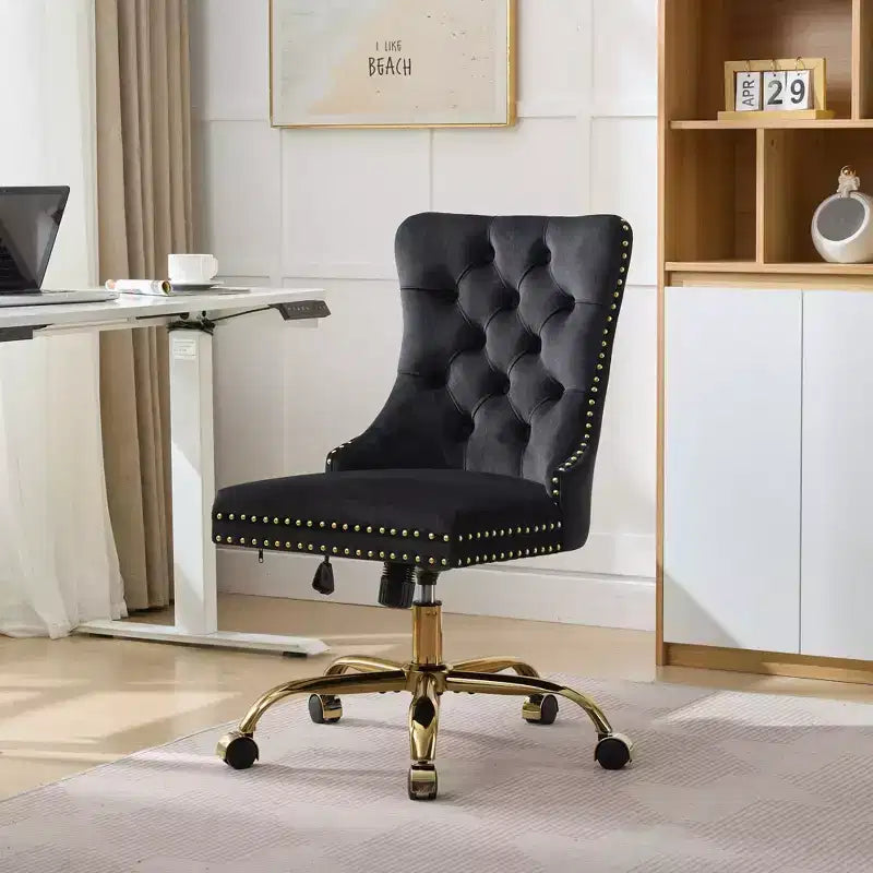 Okak Modern Armless Tufted Button Home Office Desk Chair with Golden Metal Base,Velvet Swivel Task Chair for Office,Study,Studio