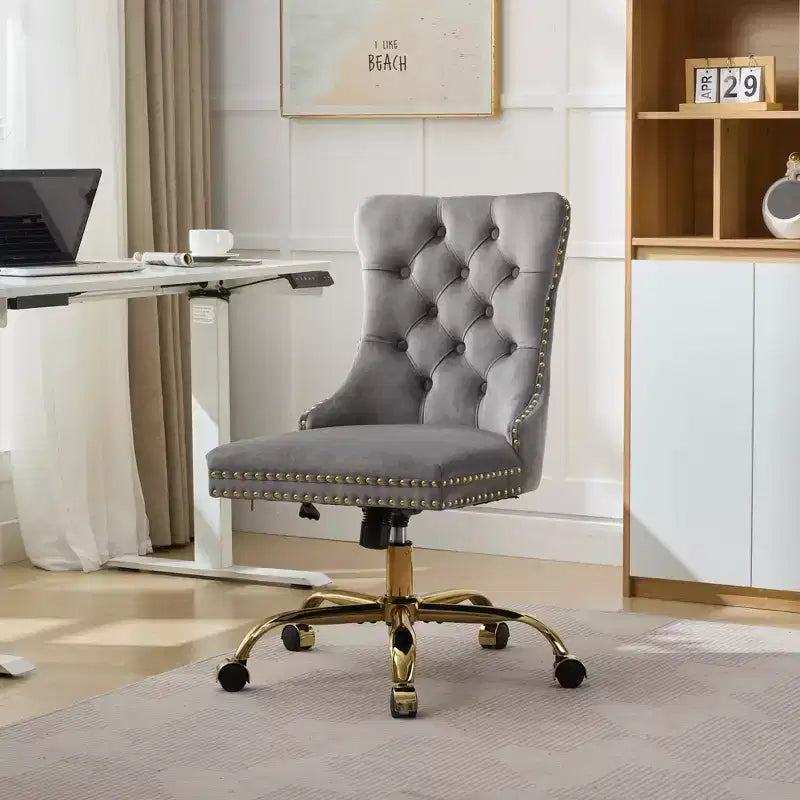 Okak Modern Armless Tufted Button Home Office Desk Chair with Golden Metal Base,Velvet Swivel Task Chair for Office,Study,Studio