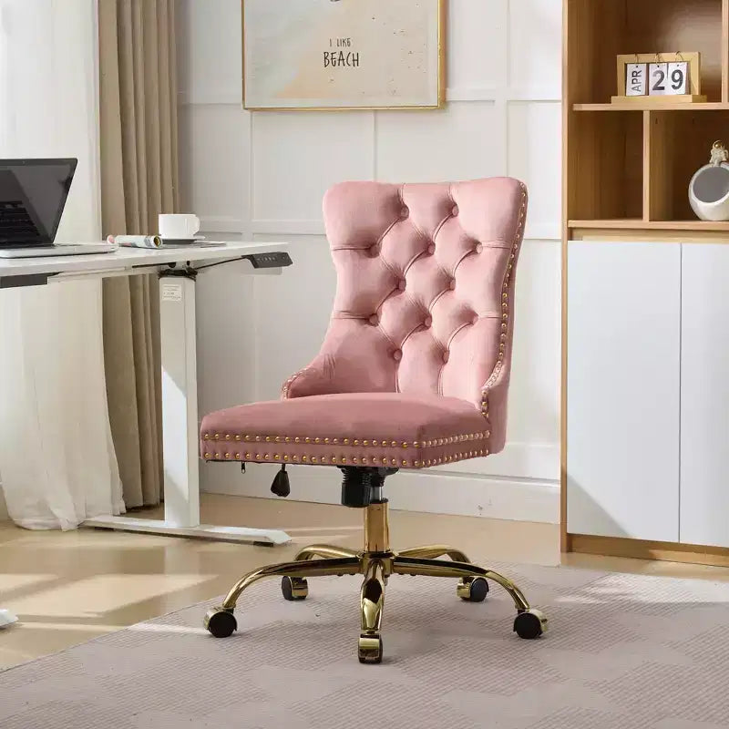 Okak Modern Armless Tufted Button Home Office Desk Chair with Golden Metal Base,Velvet Swivel Task Chair for Office,Study,Studio
