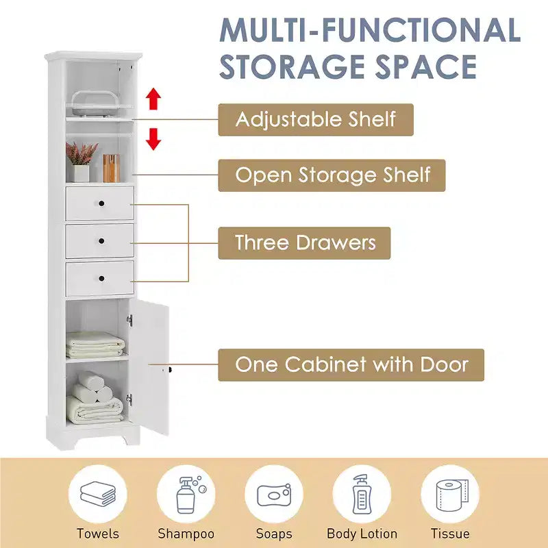 68.3 Tall Bathroom Cabinet, Freestanding Storage Cabinet, 3 Drawers and Adjustable Shelves, for Bathroom, Living Room