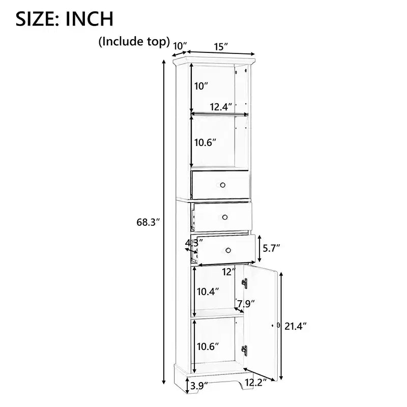 68.3 Tall Bathroom Cabinet, Freestanding Storage Cabinet, 3 Drawers and Adjustable Shelves, for Bathroom, Living Room