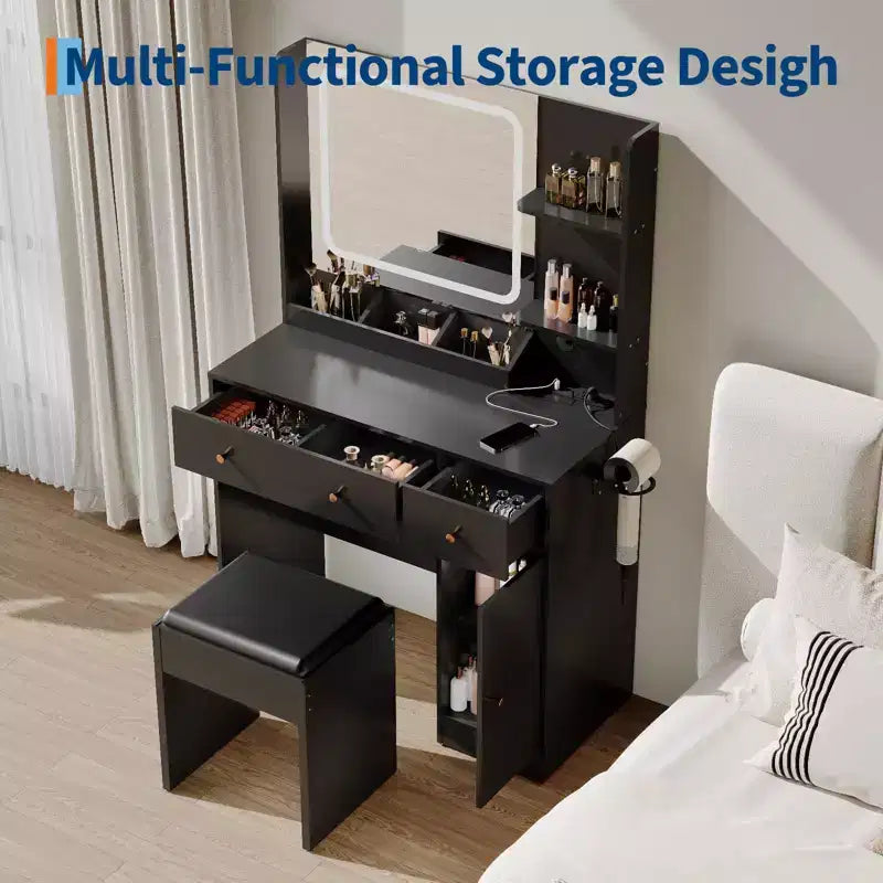 Vanity Desk with LED Lights Mirror & Power Outlet, Makeup Vanity Table Set with Storage Drawers, Stool, Black Dressing Table for Women Girls