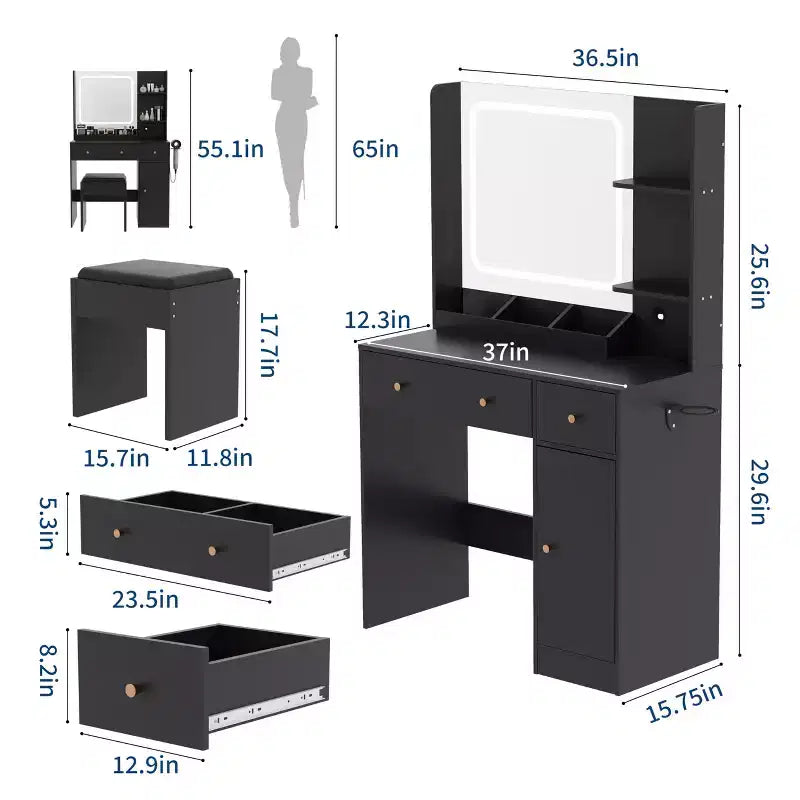Vanity Desk with LED Lights Mirror & Power Outlet, Makeup Vanity Table Set with Storage Drawers, Stool, Black Dressing Table for Women Girls
