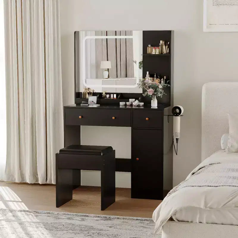 Vanity Desk with LED Lights Mirror & Power Outlet, Makeup Vanity Table Set with Storage Drawers, Stool, Black Dressing Table for Women Girls