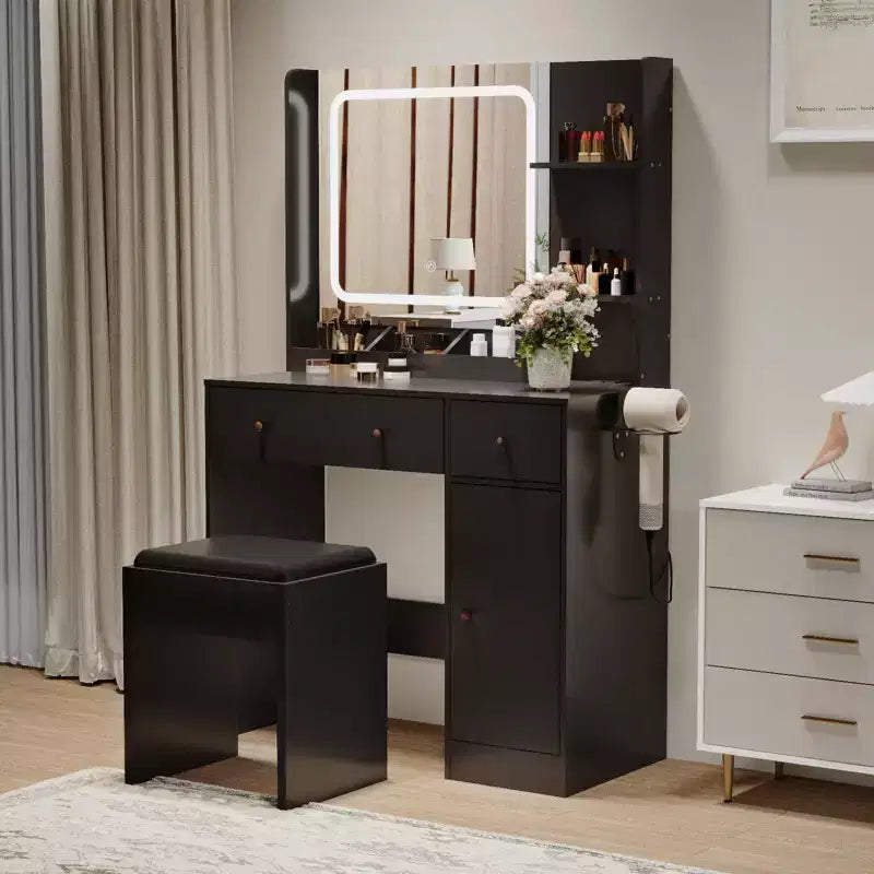 Vanity Desk with LED Lights Mirror & Power Outlet, Makeup Vanity Table Set with Storage Drawers, Stool, Black Dressing Table for Women Girls