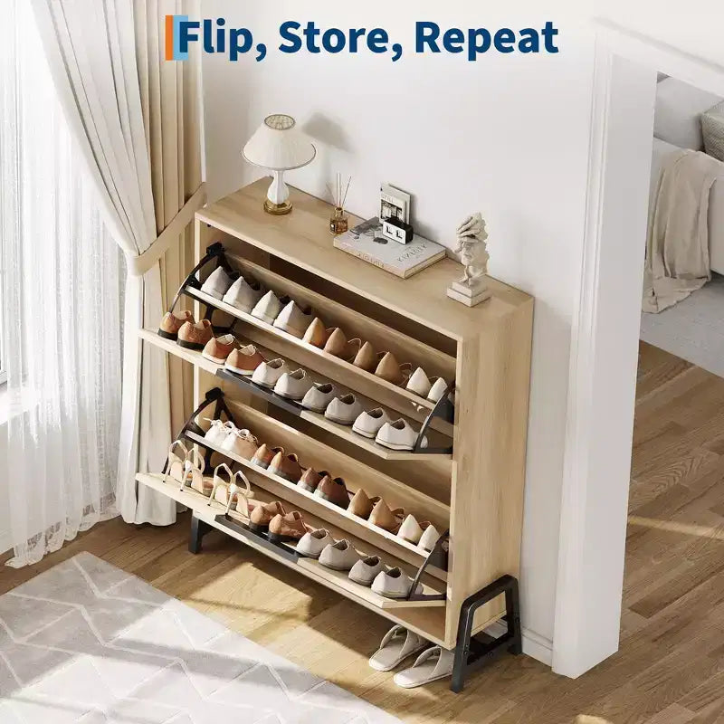 Coolmee Shoe Storage Cabinet with 2 Flip Drawers, Freestanding Shoe Organizer, Narrow Shoe Rack Cabinet for Entryway, Foyer, Hallway, Living Room