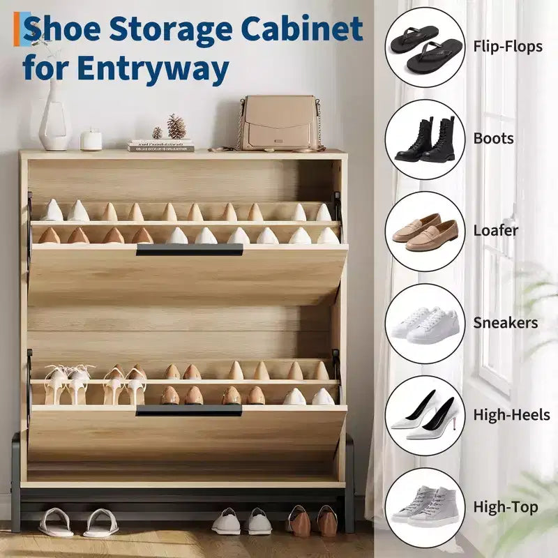 Coolmee Shoe Storage Cabinet with 2 Flip Drawers, Freestanding Shoe Organizer, Narrow Shoe Rack Cabinet for Entryway, Foyer, Hallway, Living Room