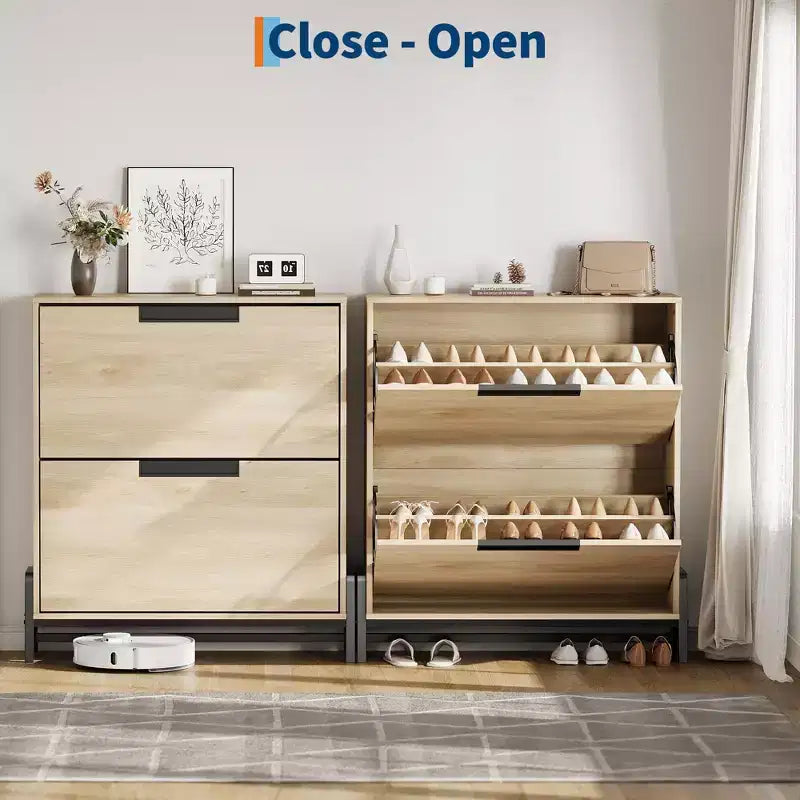 Coolmee Shoe Storage Cabinet with 2 Flip Drawers, Freestanding Shoe Organizer, Narrow Shoe Rack Cabinet for Entryway, Foyer, Hallway, Living Room