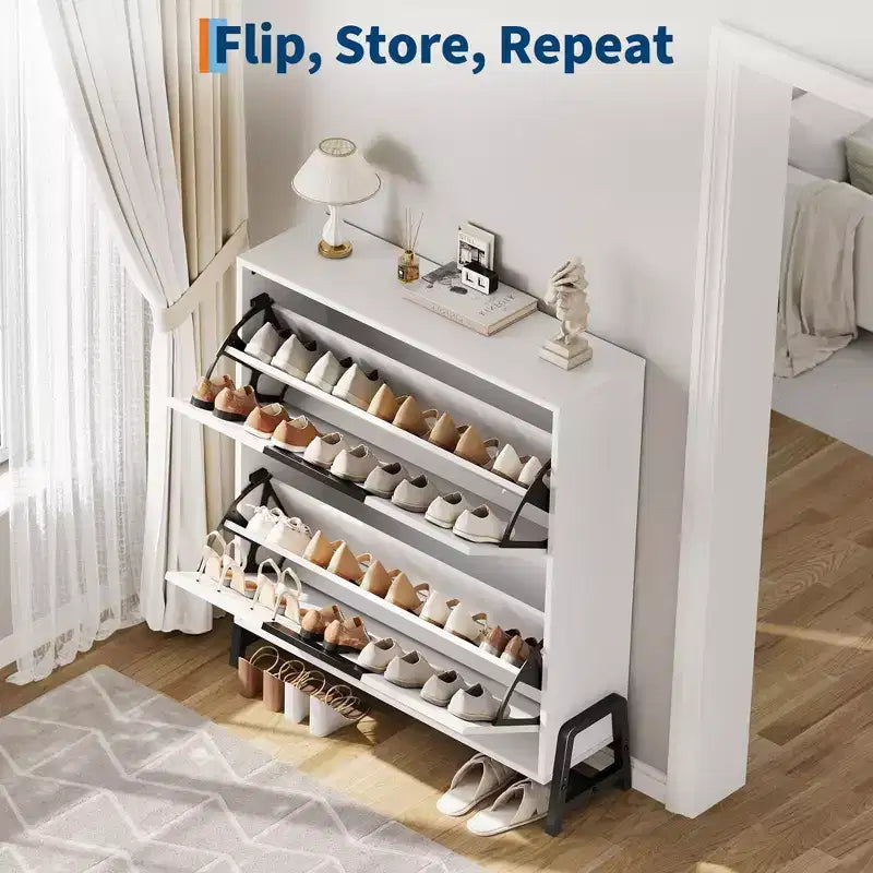 Coolmee Shoe Storage Cabinet with 2 Flip Drawers, Freestanding Shoe Organizer, Narrow Shoe Rack Cabinet for Entryway, Foyer, Hallway, Living Room