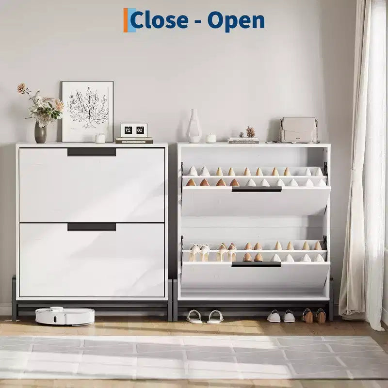 Coolmee Shoe Storage Cabinet with 2 Flip Drawers, Freestanding Shoe Organizer, Narrow Shoe Rack Cabinet for Entryway, Foyer, Hallway, Living Room