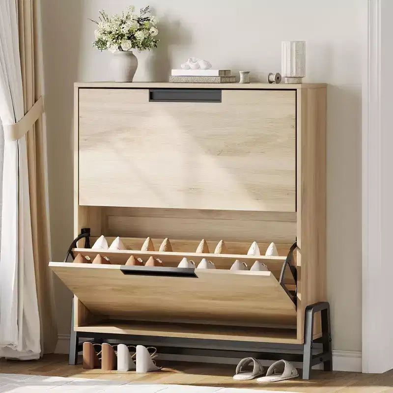 Coolmee Shoe Storage Cabinet with 2 Flip Drawers, Freestanding Shoe Organizer, Narrow Shoe Rack Cabinet for Entryway, Foyer, Hallway, Living Room