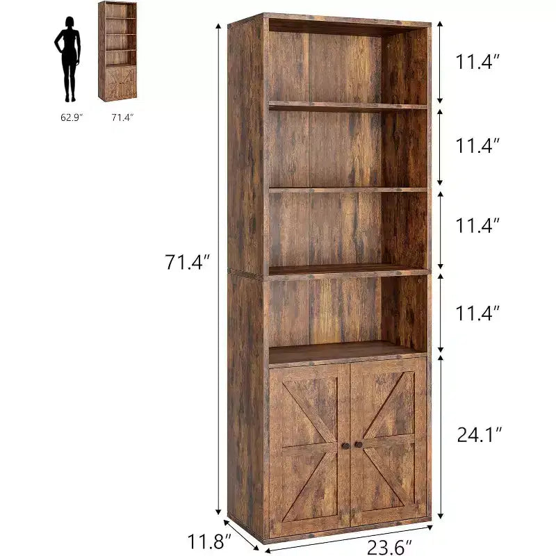 Farmhouse 71.4in Tall Bookcase with Doors 11.8in Depth Display Storage Shelves Industrial Bookcases Wooden 6 Shelf Bookshelves for Home Office