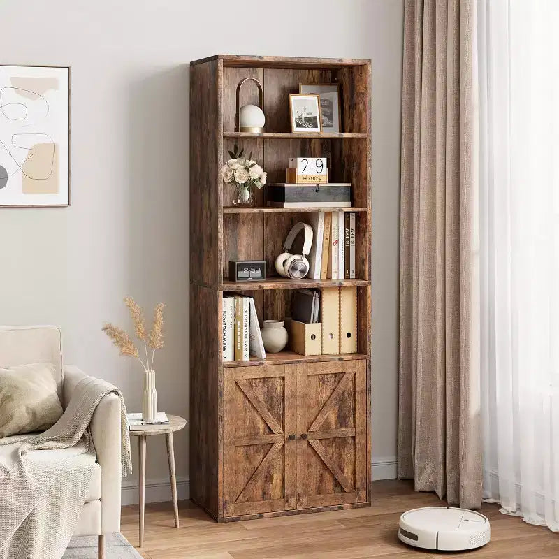 Farmhouse 71.4in Tall Bookcase with Doors 11.8in Depth Display Storage Shelves Industrial Bookcases Wooden 6 Shelf Bookshelves for Home Office