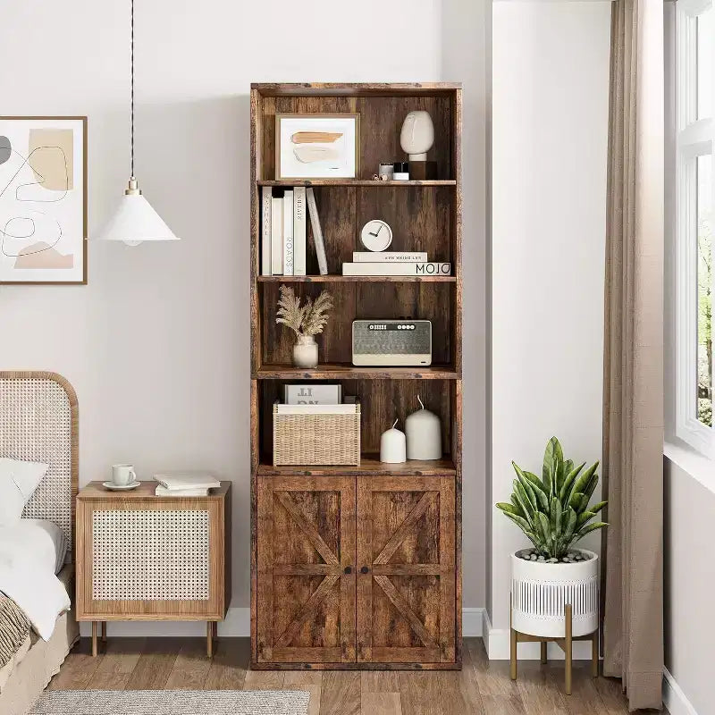 Farmhouse 71.4in Tall Bookcase with Doors 11.8in Depth Display Storage Shelves Industrial Bookcases Wooden 6 Shelf Bookshelves for Home Office