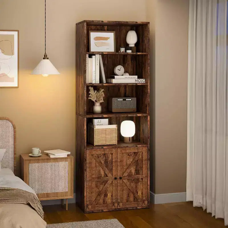 Farmhouse 71.4in Tall Bookcase with Doors 11.8in Depth Display Storage Shelves Industrial Bookcases Wooden 6 Shelf Bookshelves for Home Office