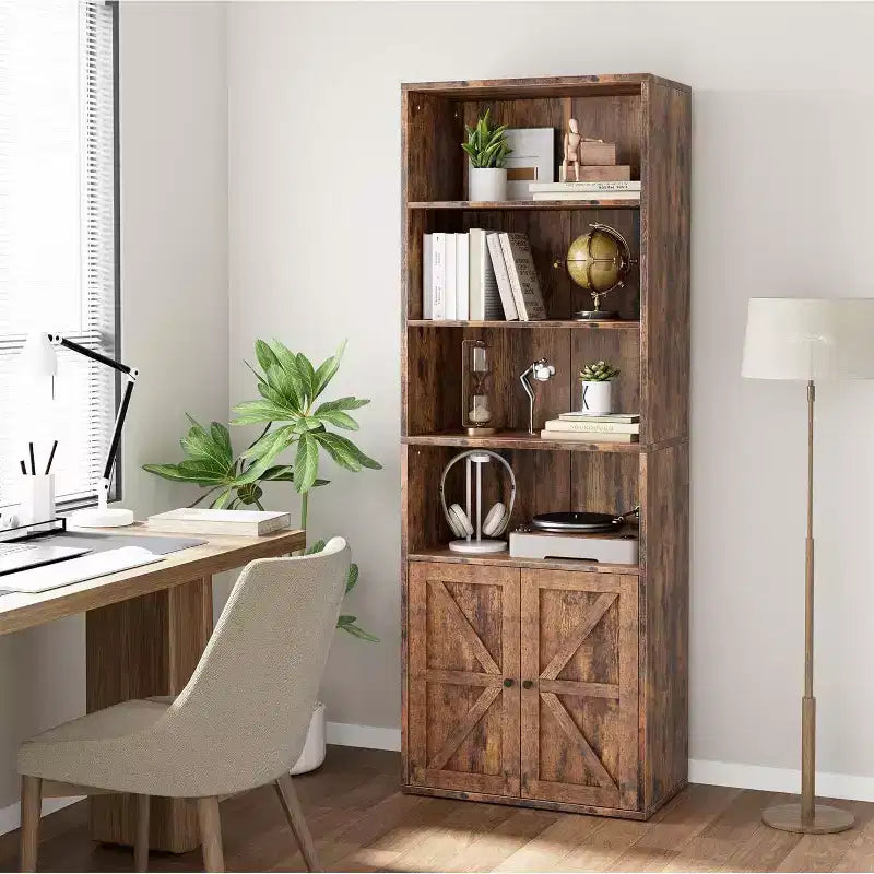 Farmhouse 71.4in Tall Bookcase with Doors 11.8in Depth Display Storage Shelves Industrial Bookcases Wooden 6 Shelf Bookshelves for Home Office