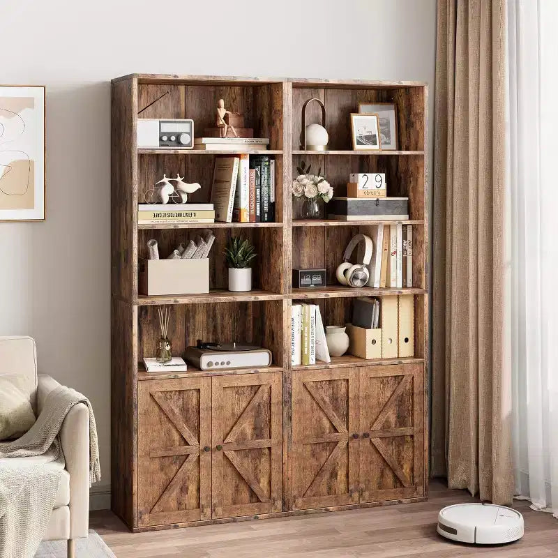 Farmhouse 71.4in Tall Bookcase with Doors 11.8in Depth Display Storage Shelves Industrial Bookcases Wooden 6 Shelf Bookshelves for Home Office