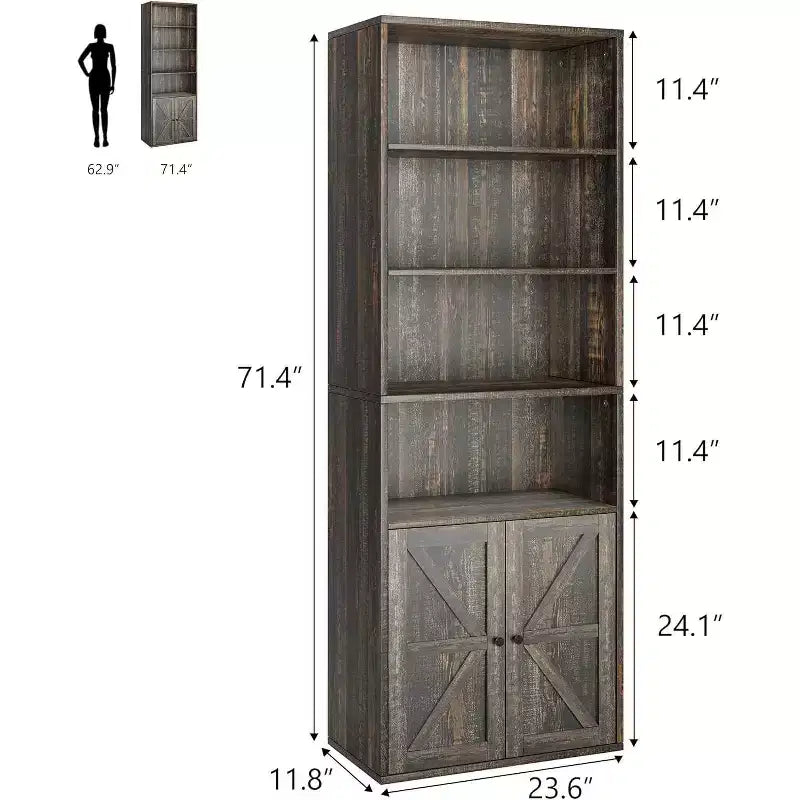 Farmhouse 71.4in Tall Bookcase with Doors 11.8in Depth Display Storage Shelves Industrial Bookcases Wooden 6 Shelf Bookshelves for Home Office