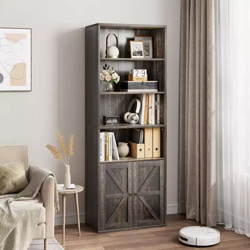 Farmhouse 71.4in Tall Bookcase with Doors 11.8in Depth Display Storage Shelves Industrial Bookcases Wooden 6 Shelf Bookshelves for Home Office