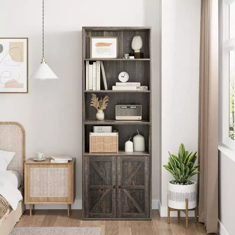 Farmhouse 71.4in Tall Bookcase with Doors 11.8in Depth Display Storage Shelves Industrial Bookcases Wooden 6 Shelf Bookshelves for Home Office
