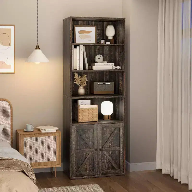 Farmhouse 71.4in Tall Bookcase with Doors 11.8in Depth Display Storage Shelves Industrial Bookcases Wooden 6 Shelf Bookshelves for Home Office