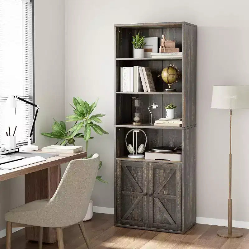 Farmhouse 71.4in Tall Bookcase with Doors 11.8in Depth Display Storage Shelves Industrial Bookcases Wooden 6 Shelf Bookshelves for Home Office