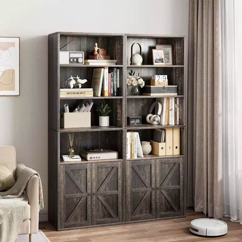 Farmhouse 71.4in Tall Bookcase with Doors 11.8in Depth Display Storage Shelves Industrial Bookcases Wooden 6 Shelf Bookshelves for Home Office
