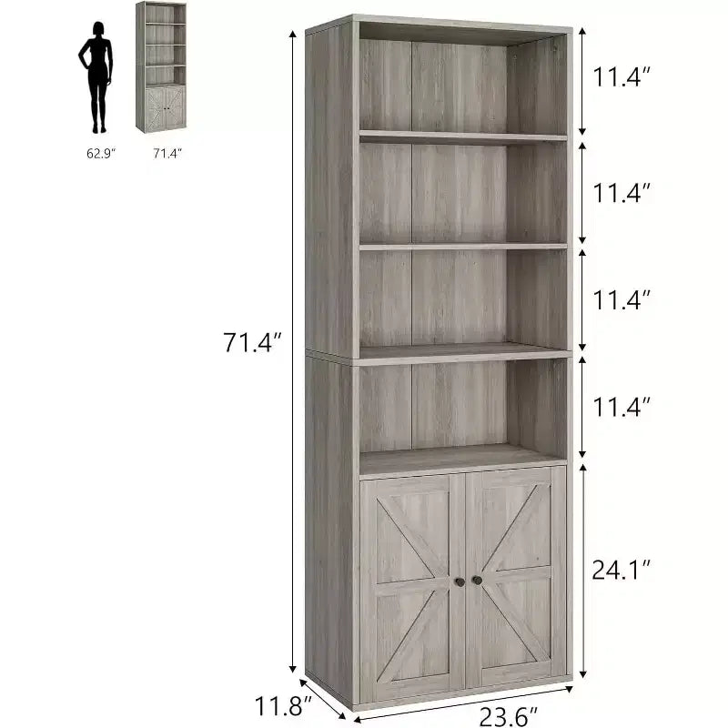 Farmhouse 71.4in Tall Bookcase with Doors 11.8in Depth Display Storage Shelves Industrial Bookcases Wooden 6 Shelf Bookshelves for Home Office