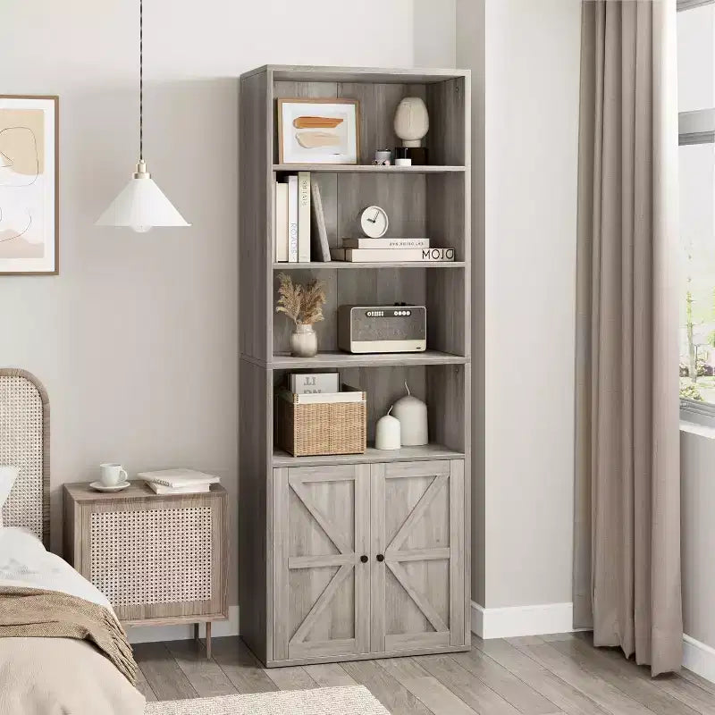 Farmhouse 71.4in Tall Bookcase with Doors 11.8in Depth Display Storage Shelves Industrial Bookcases Wooden 6 Shelf Bookshelves for Home Office