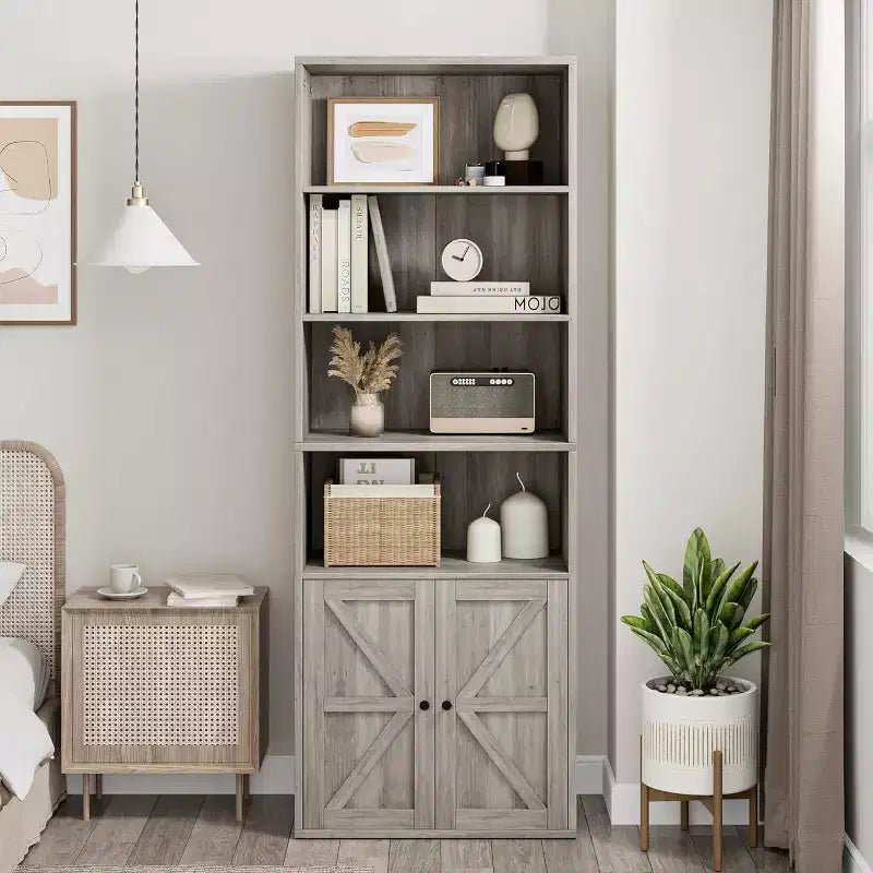 Farmhouse 71.4in Tall Bookcase with Doors 11.8in Depth Display Storage Shelves Industrial Bookcases Wooden 6 Shelf Bookshelves for Home Office