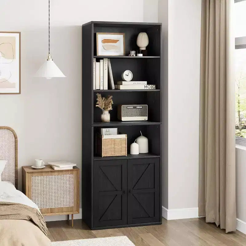 Farmhouse 71.4in Tall Bookcase with Doors 11.8in Depth Display Storage Shelves Industrial Bookcases Wooden 6 Shelf Bookshelves for Home Office
